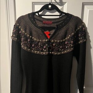 Black Long Sleeve Knit Dress with Embroidered Yoke